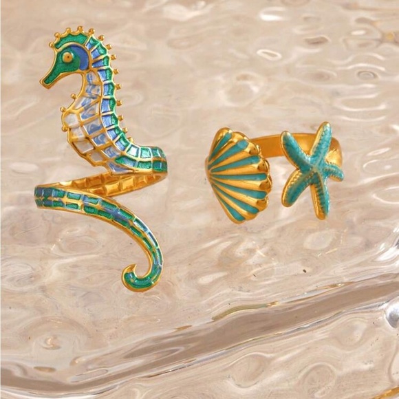 2 Pcs Summer Jewelry Set | Colorful Enamel Starfish & Seashell Rings - Picture 4 of 5